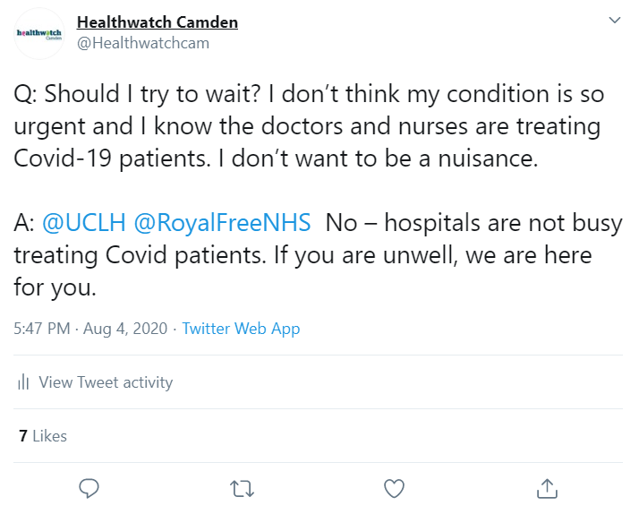 Screenshot of Healthwatch Camden twitter post