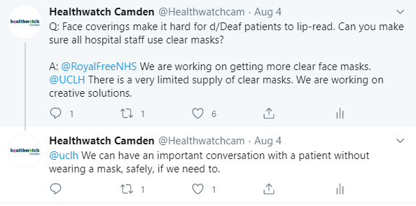 Screenshot of Healthwatch Camden twitter post