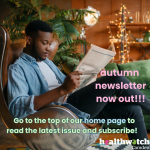 A young man reads the newspaper in a comfortable arm chair. The text reads 'Autumn newsletter now out! Go to our home page to read the latest issue and subscribe!'